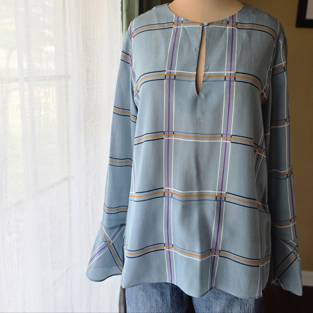 Massimo Dutti 100% Silk Plaid Blouse Blue Flared Cuff Keyhole Large Old Money